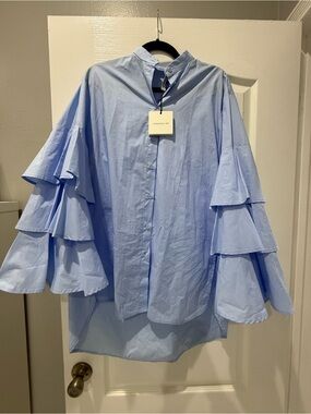 Light Blue Tiered Ruffle Sleeve Button-Down Blouse
